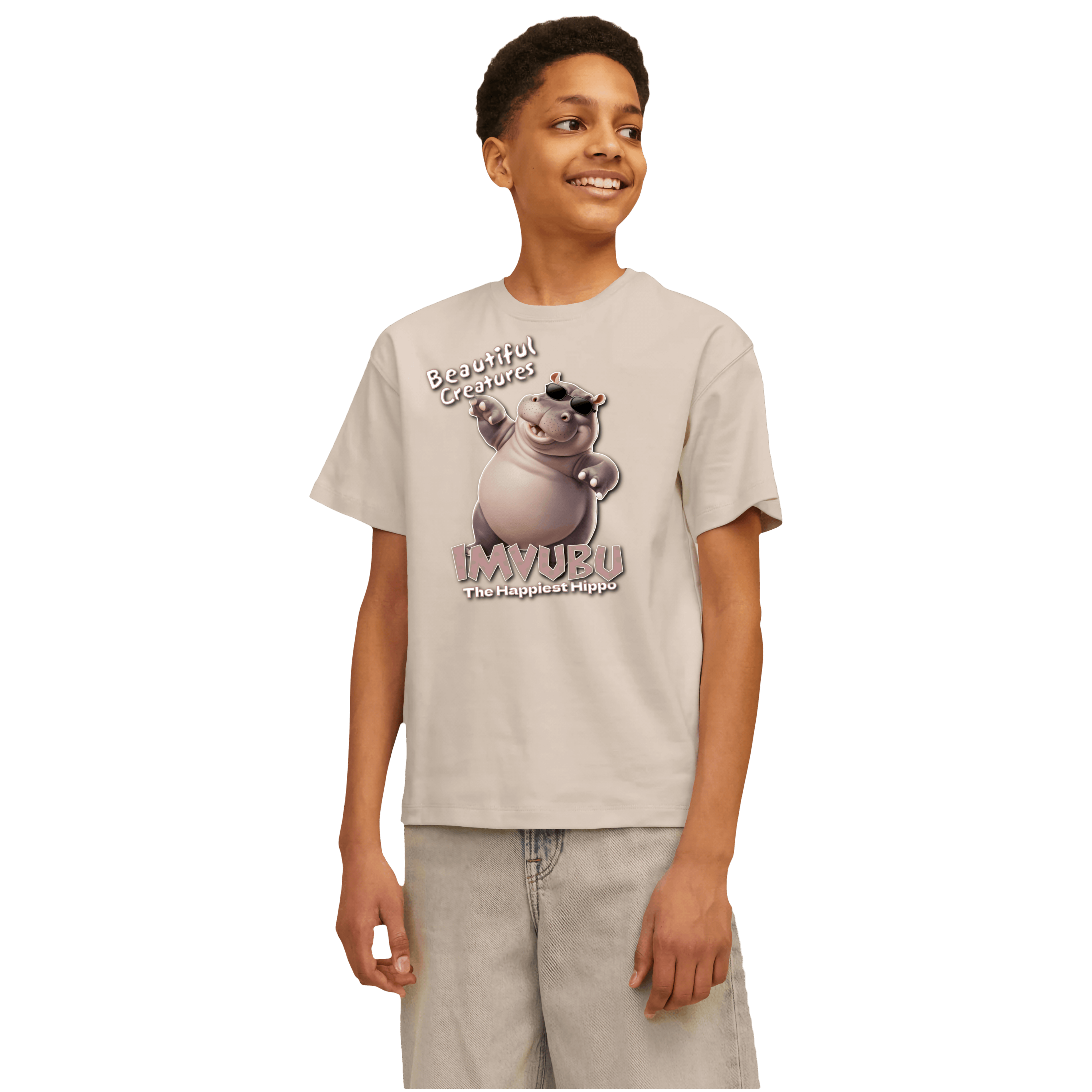 Child wearing an Imvubu the Happiest Hippo t-shirt
